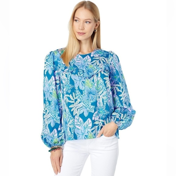Lilly Pulitzer Tops - Lilly Pulitzer Blue Bell Sleeve Blouse XL Multicolor Ruffle Cotton Top Summer